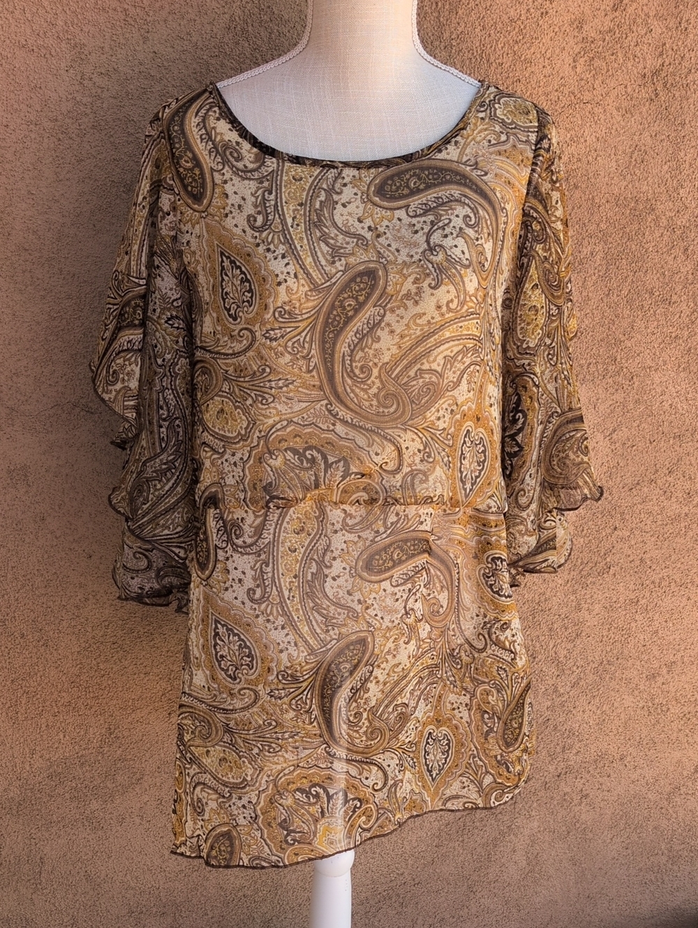 Zenobia 90's Boho Paisley Print Sheer Mesh Flowy Ruffled Sleeves Blouse Pop Art